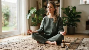 A person practicing breathwork in a sunlit Calgary living room with frankincense cologne for meditation nearby.