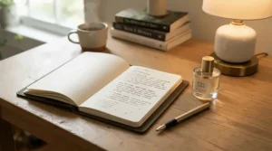 A cozy desk setup in Montreal showcasing frankincense cologne for meditation alongside a daily mindfulness journal.