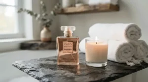 A tranquil home spa setup utilizing frankincense cologne for meditation to ease daily stress.