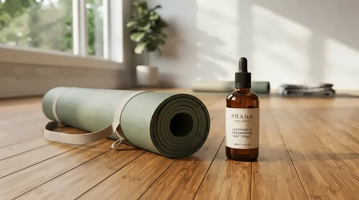 A peaceful yoga practitioner in Vancouver using frankincense cologne for meditation before practice.
