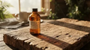 A glass bottle of frankincense essential oil perfume displayed on a polished cedar surface during a crisp morning in Ontario.