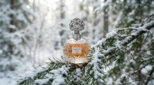 An elegant glass bottle of frankincense perfume for women resting on a frost-covered cedar branch in winter.