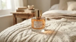 A comforting bottle of frankincense perfume for women resting beside a soft wool knit sweater.