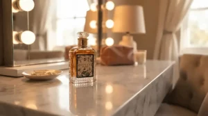 A glamorous bottle of frankincense perfume for women on a vanity table before a winter evening event.