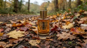 A chic flacon of frankincense perfume for women surrounded by crisp autumn leaves outdoors.