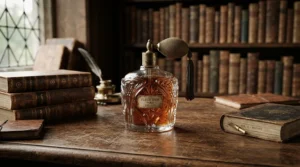A vintage-style bottle of frankincense perfume for women displayed on a wooden desk in a cozy library.