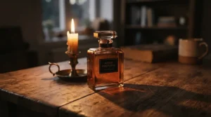 A luxury bottle of frankincense perfume for women illuminated by a warm amber candle glow indoors.