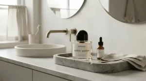 A sleek bottle of luxury-inspired saffron perfume resting on a grey granite vanity tray in a modern Toronto apartment.