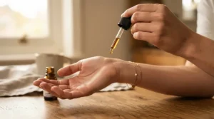 Applying a natural frankincense essential oil perfume to the wrist inside a cozy Vancouver living room.