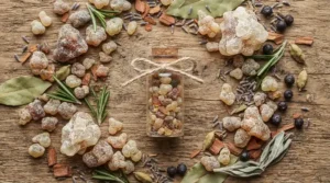 Natural vs synthetic perfumery ingredients highlighting raw resin beside a frankincense essential oil perfume vial.
