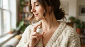 Daily wear of organic frankincense essential oil perfume by someone dressed in wool knitwear in Halifax.