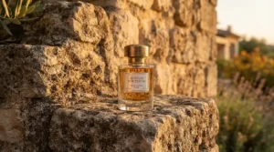 A premium-feel luxury-inspired saffron perfume bottle resting on historic stone architecture in Quebec City.