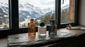 Pure frankincense essential oil perfume collection arranged neatly on a stone shelf against a winter mountain backdrop.