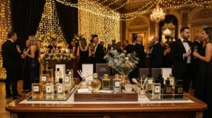 Guests attending a formal evening reception where a bottle of saffron perfume for special occasions sits on a velvet display stand.