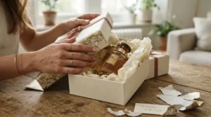 Unwrapping a luxury gift box containing a bottle of saffron perfume for special occasions during a holiday celebration.