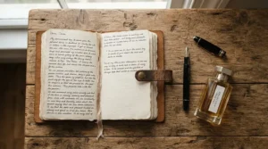 A flatlay photograph of a vintage diary and saffron perfume for special occasions evoking strong scent memories of past celebrations.