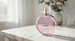 Choosing a signature saffron perfume for special occasions displayed neatly on a minimalist marble vanity tray.