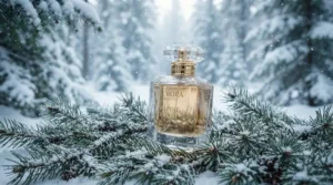 A winter wedding atmosphere in Montreal with a frosted bottle of saffron perfume for special occasions placed on pine branches.
