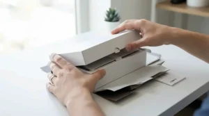 A smart shopper unboxing a luxury-inspired saffron perfume purchase on a bright desk in an Ottawa home office.