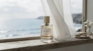 A value-conscious collector displaying a luxury-inspired saffron perfume bottle near a coastal-inspired Halifax window setup.